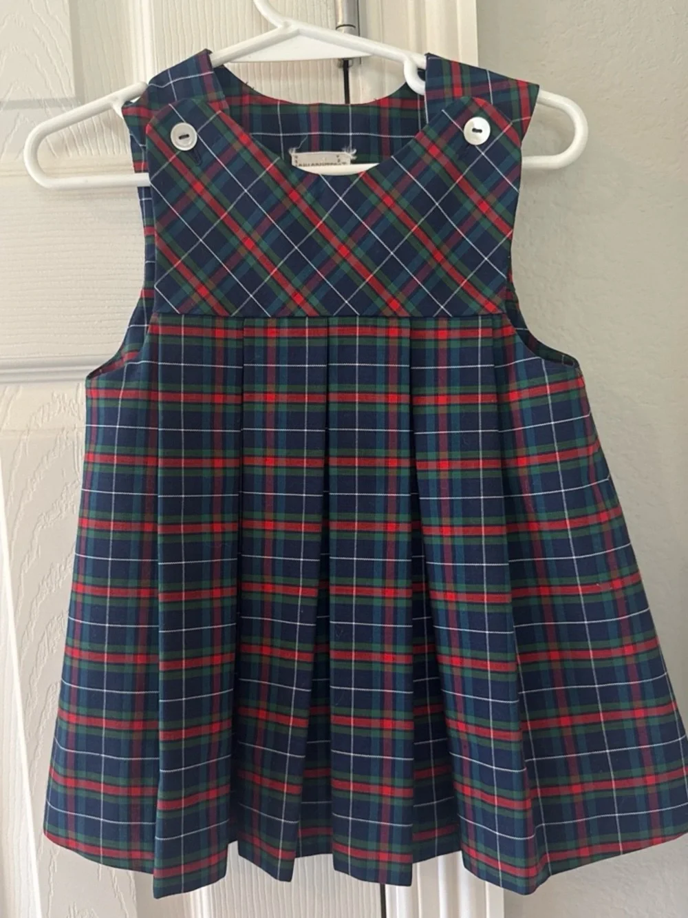 Girls Navy Red Green Plaid Vintage School Jumper Dress, Toddler Sz 2